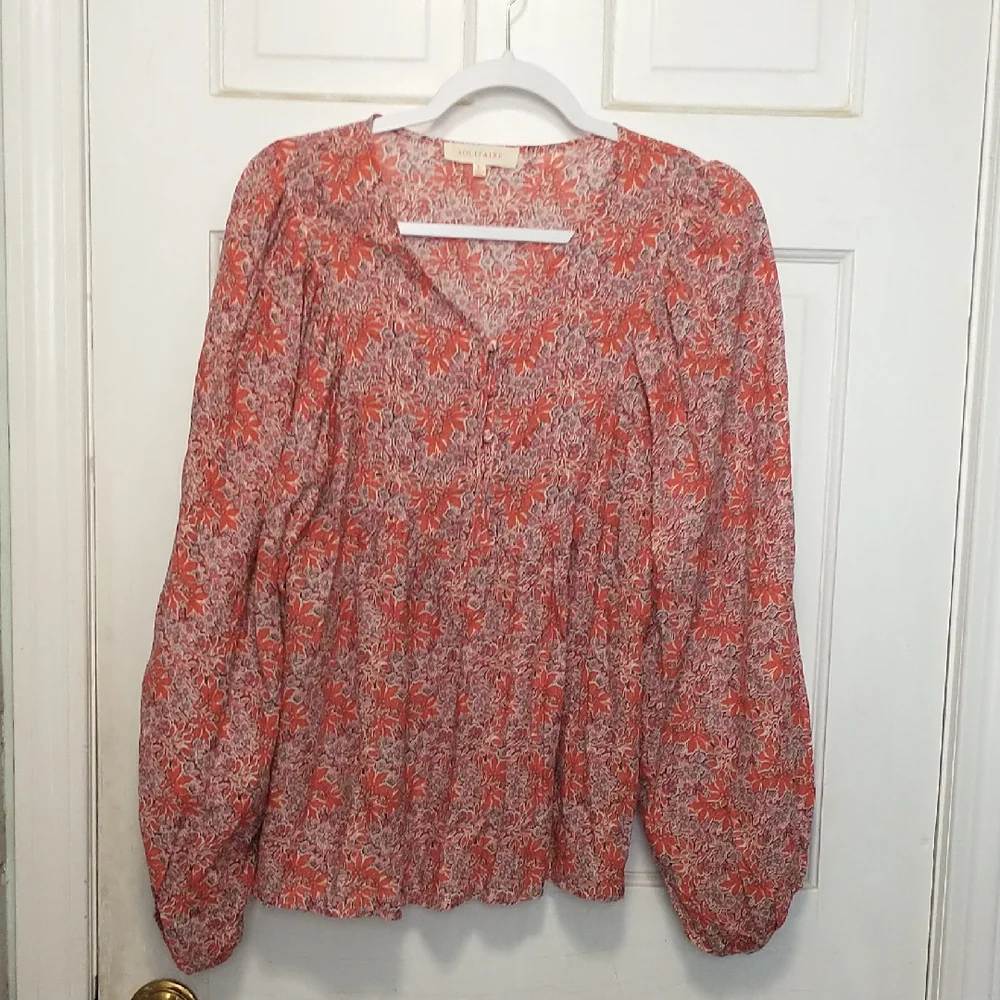 Anthropologie Orange Floral V-Neck Peasant Blouse - Picture 1 of 6